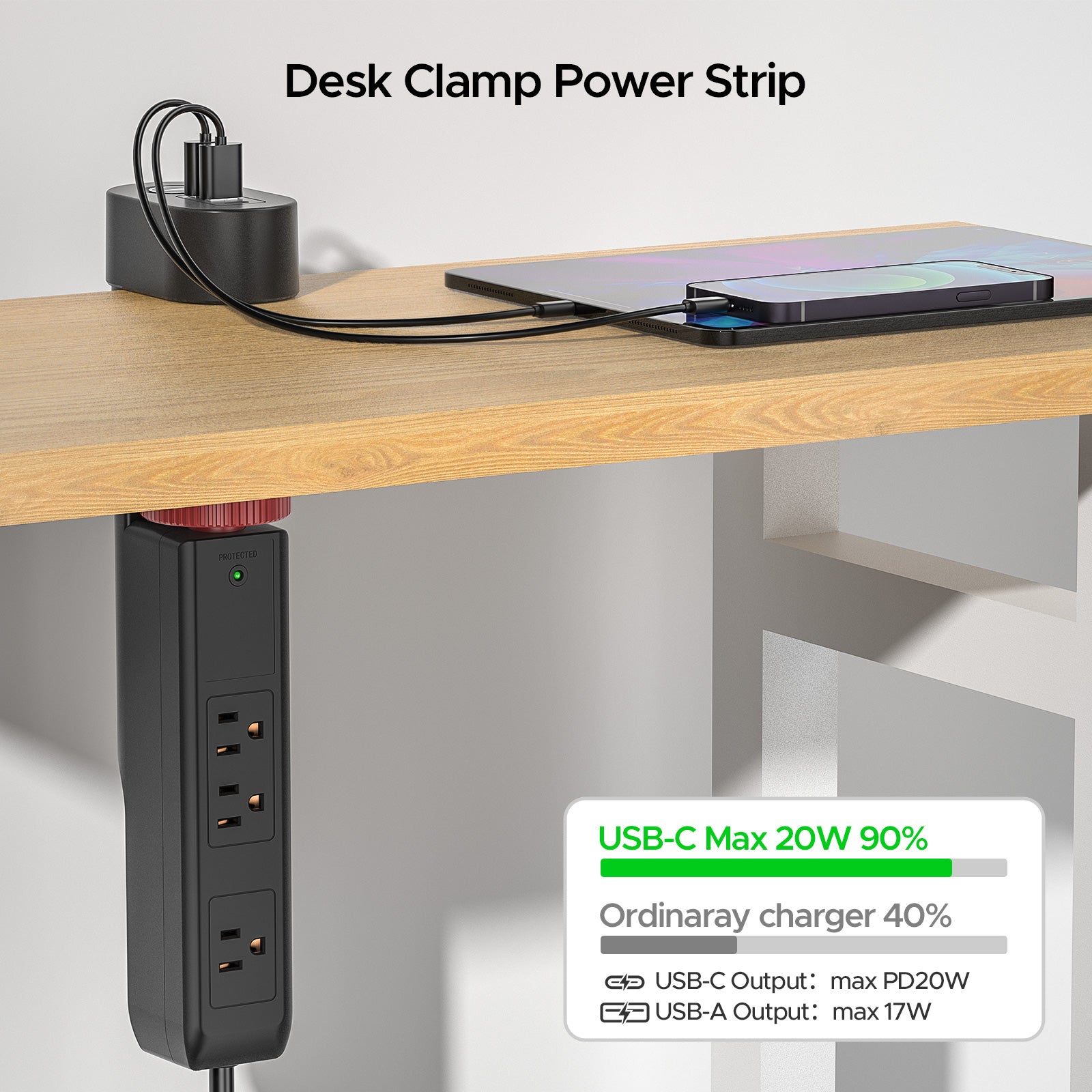 CRST Desk Clamp Power Strip | 3 Outlets + 3 USB (20W USB-C PD), 1020J Surge Protector, No-Drill Mount, 45° Flat Plug, 6ft Cord