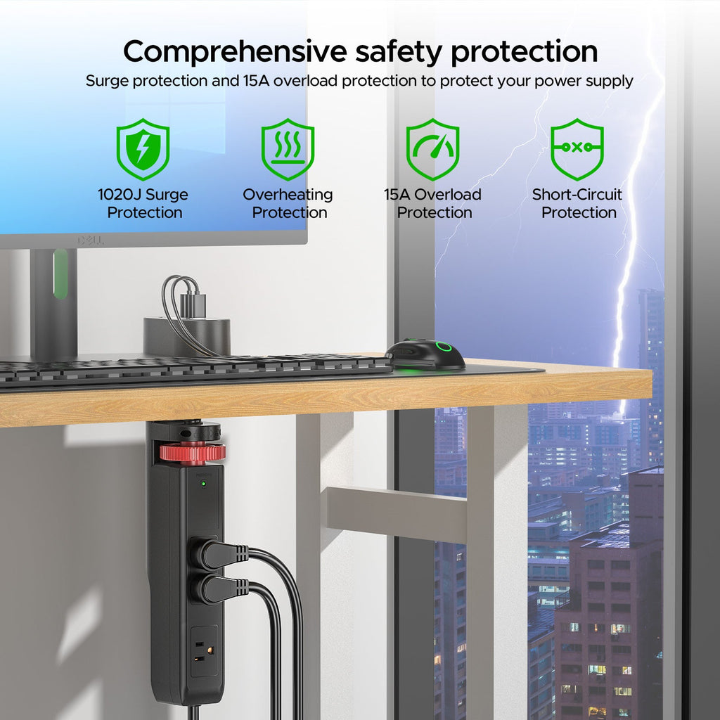 CRST Desk Clamp Power Strip | 3 Outlets + 3 USB (20W USB-C PD), 1020J Surge Protector, No-Drill Mount, 45° Flat Plug, 6ft Cord