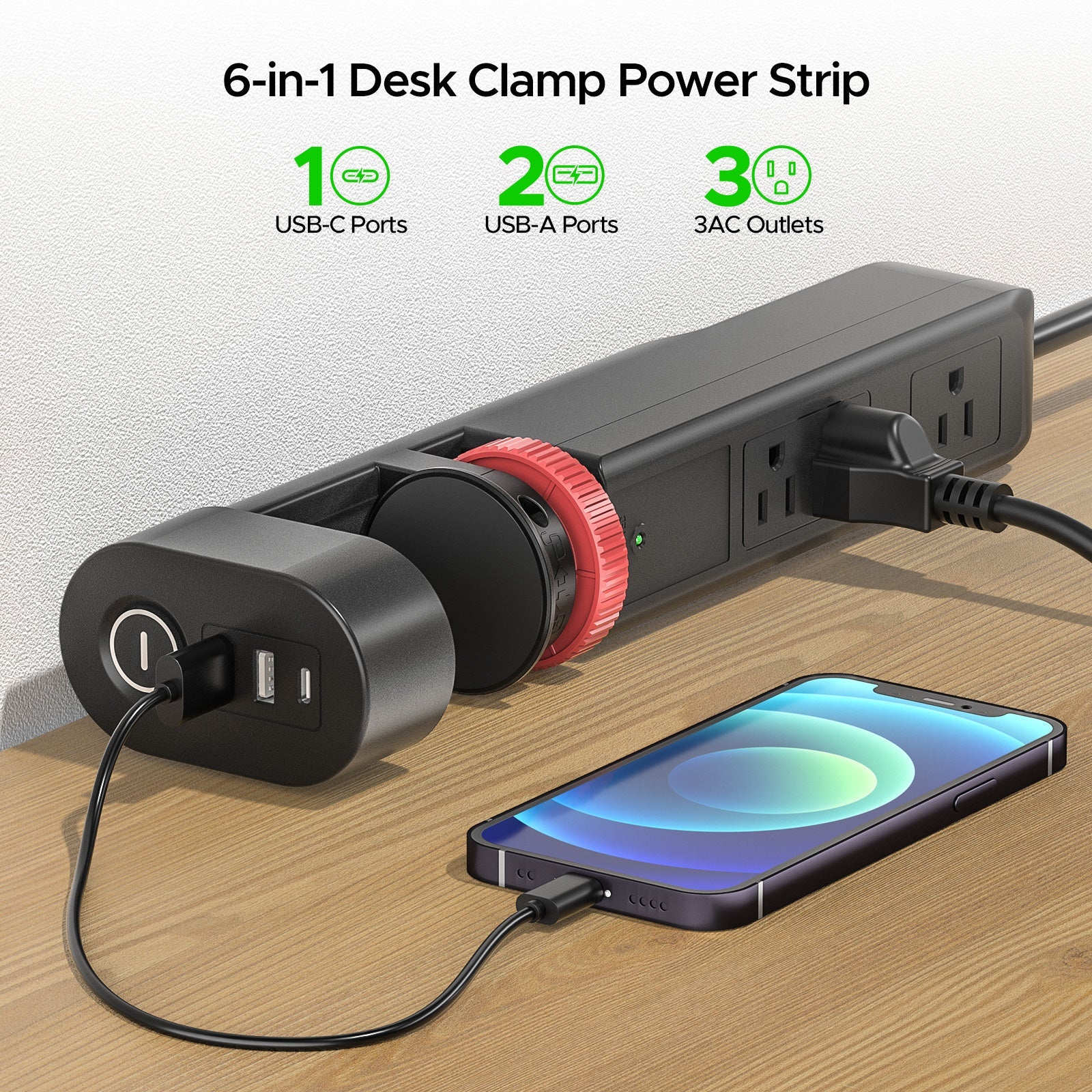 CRST Desk Clamp Power Strip | 3 Outlets + 3 USB (20W USB-C PD), 1020J Surge Protector, No-Drill Mount, 45° Flat Plug, 6ft Cord